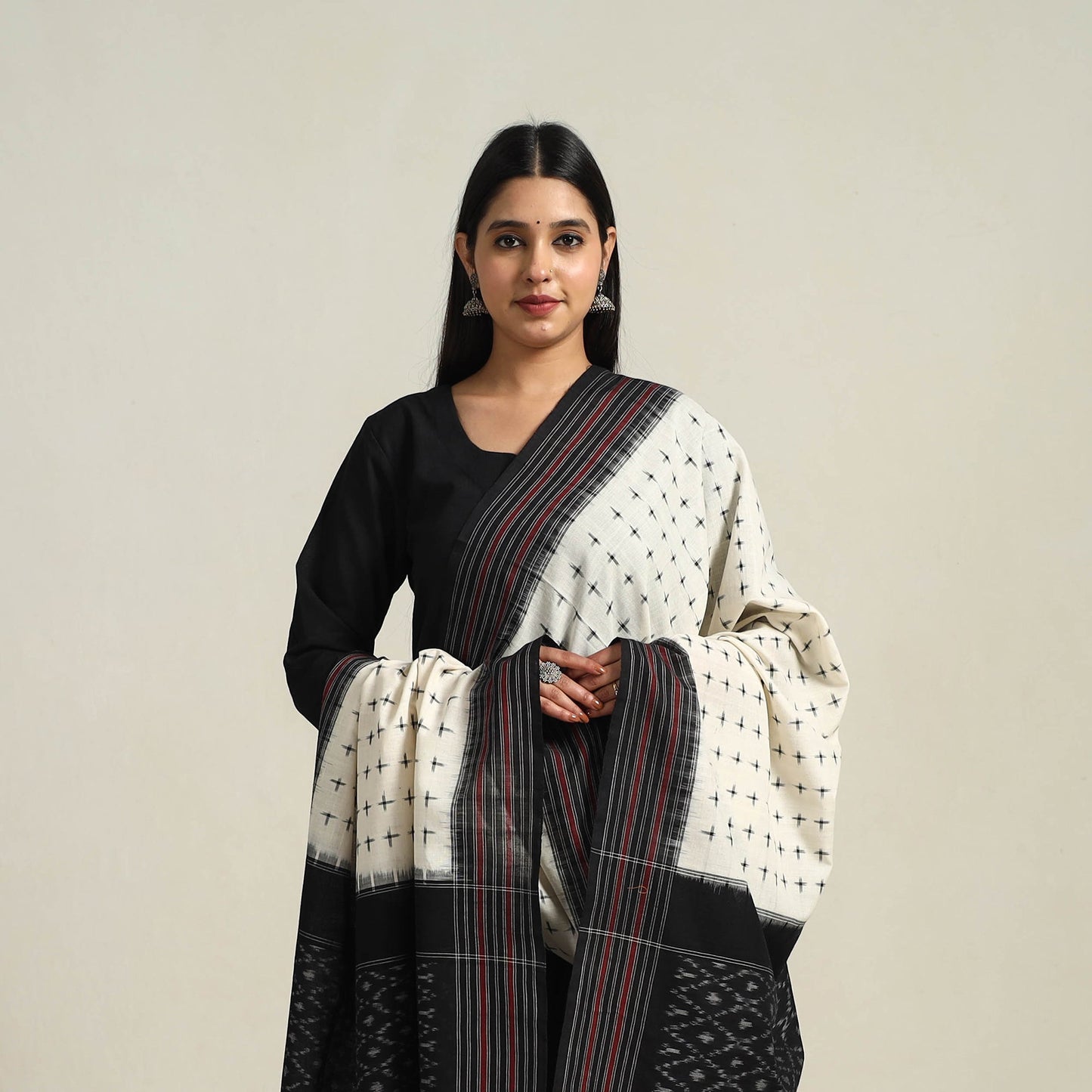 White Handloom Cotton Pochampally Double Ikat Dupatta