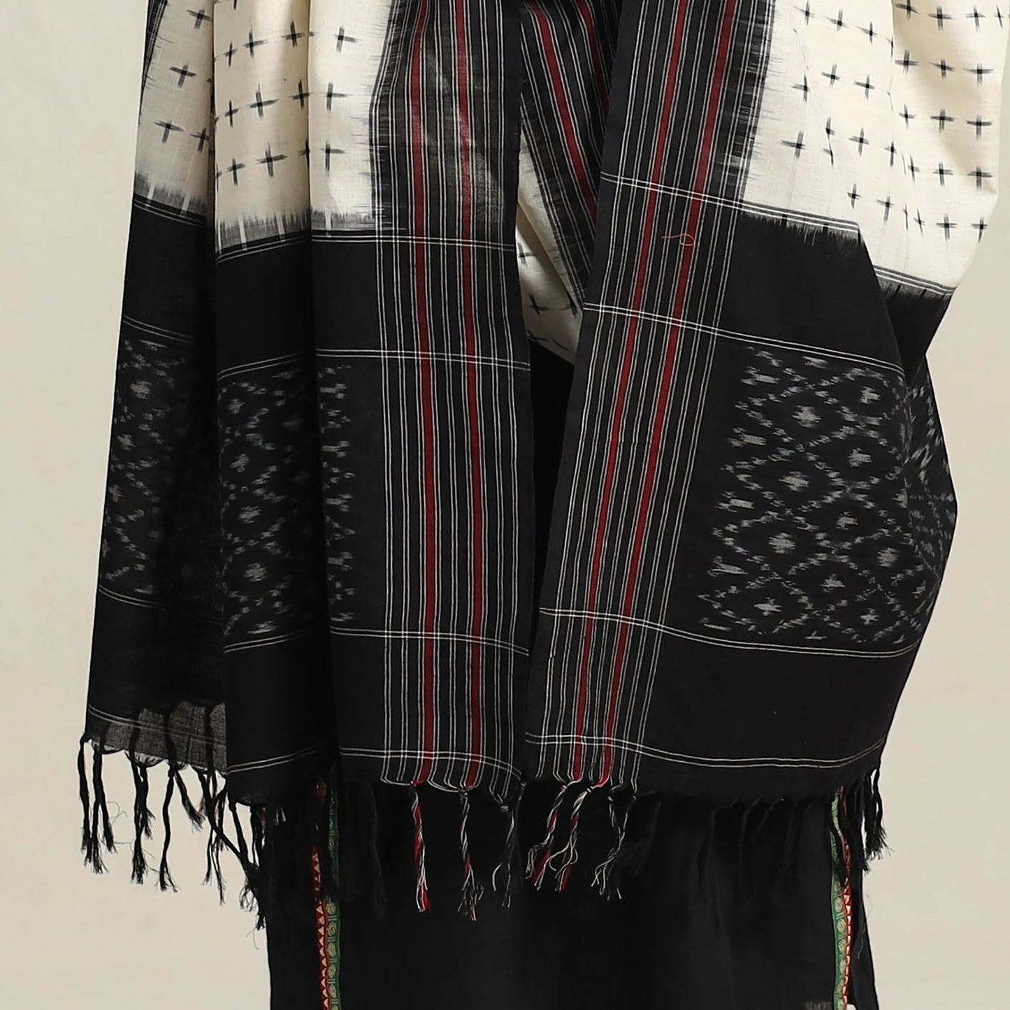 White Handloom Cotton Pochampally Double Ikat Dupatta