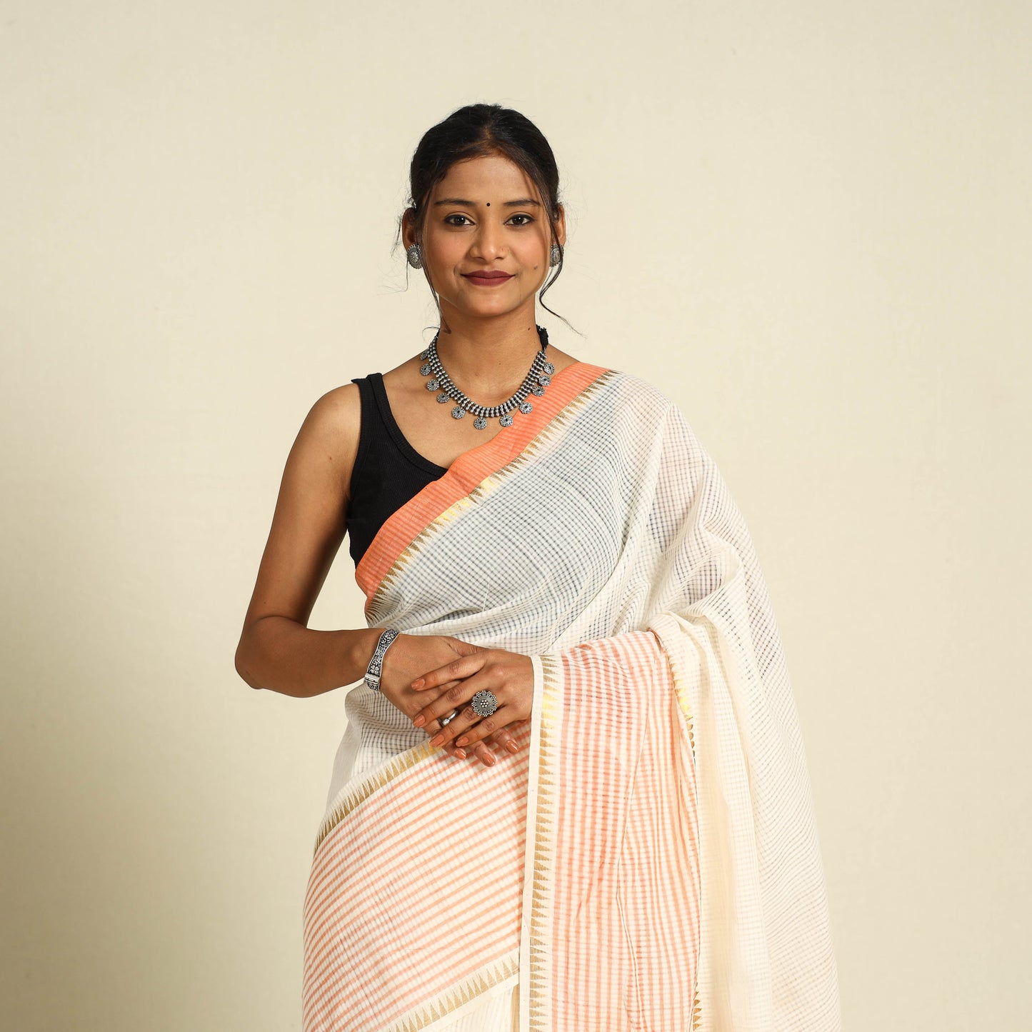 Handloom Missing Checks Cotton Off White Mangalagiri Saree