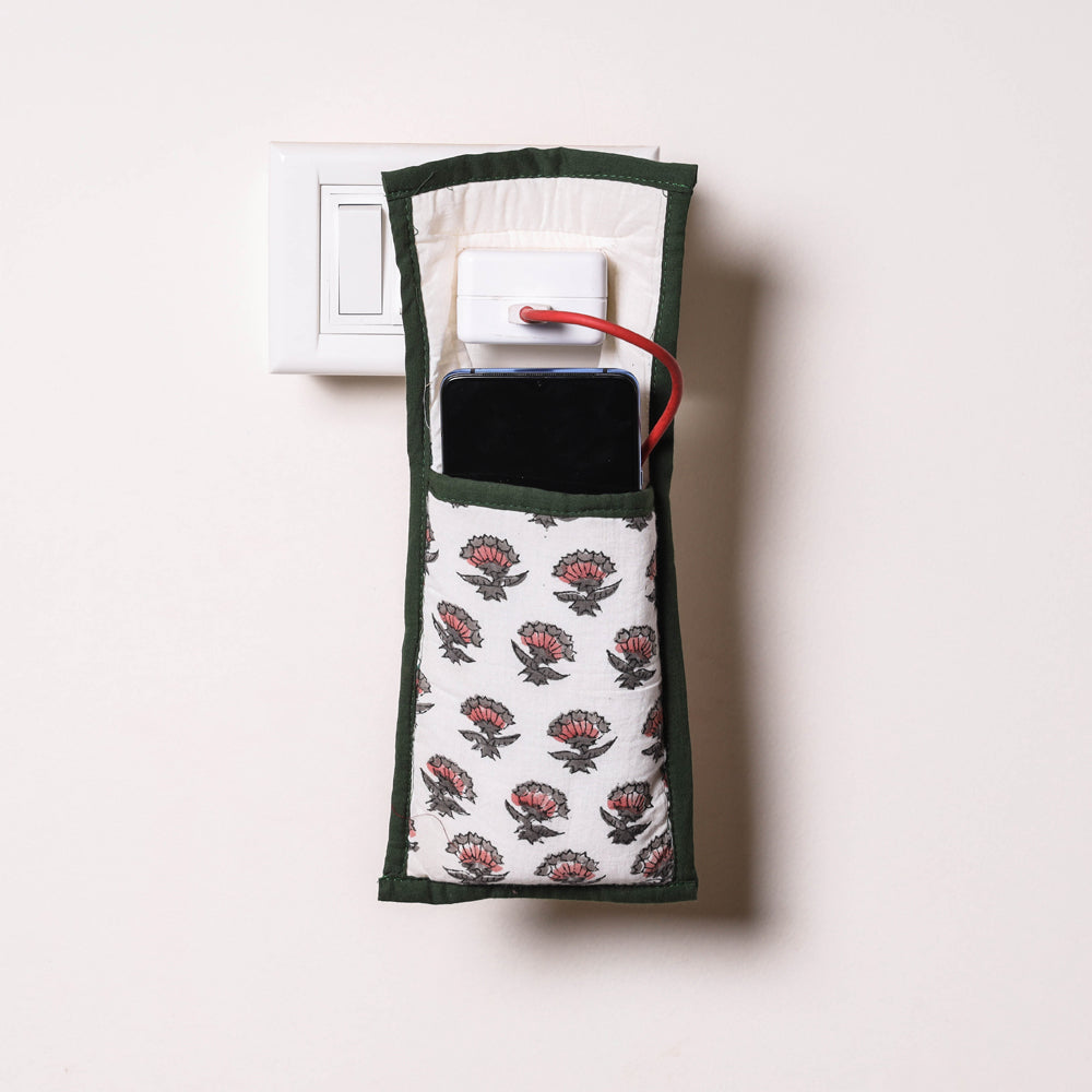 White Handmade Cotton Fabric Mobile Charging Holder