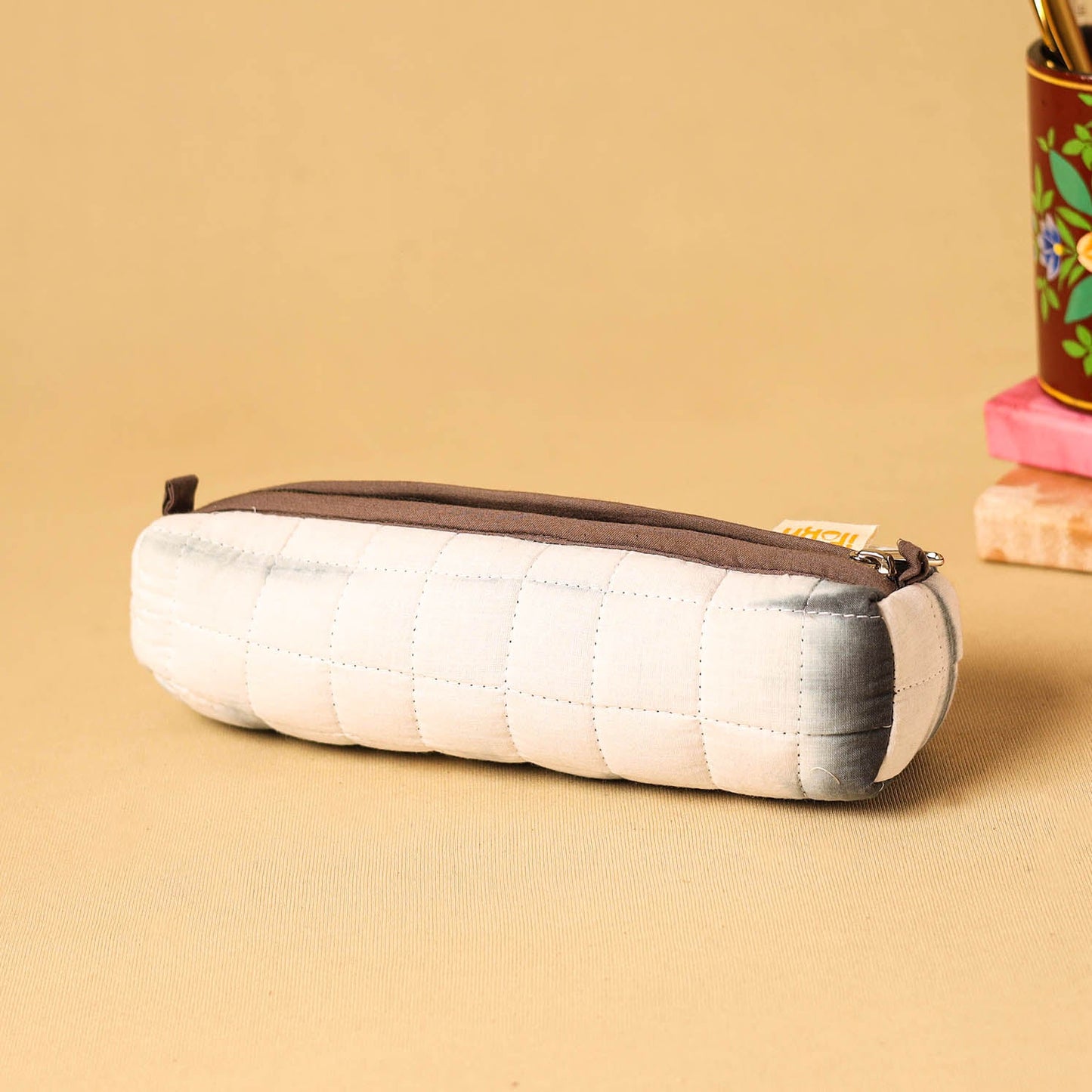 White - handmade cotton quilted pencil pouch 14