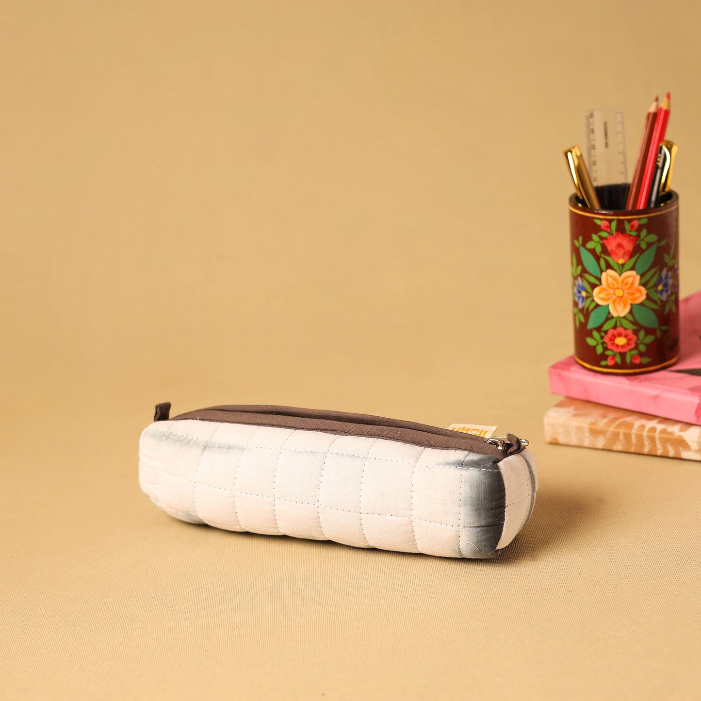 White - handmade cotton quilted pencil pouch 14