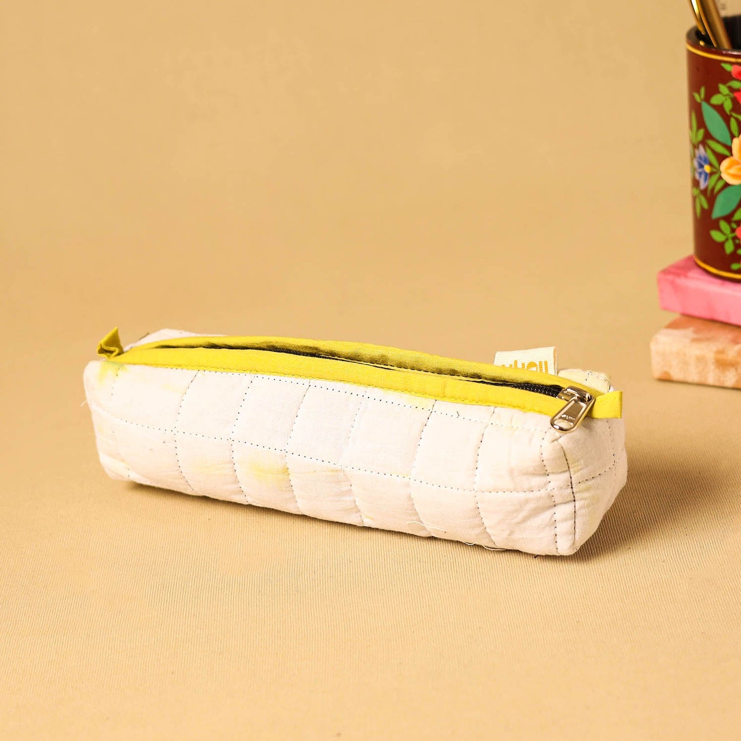 White - handmade cotton quilted pencil pouch 18