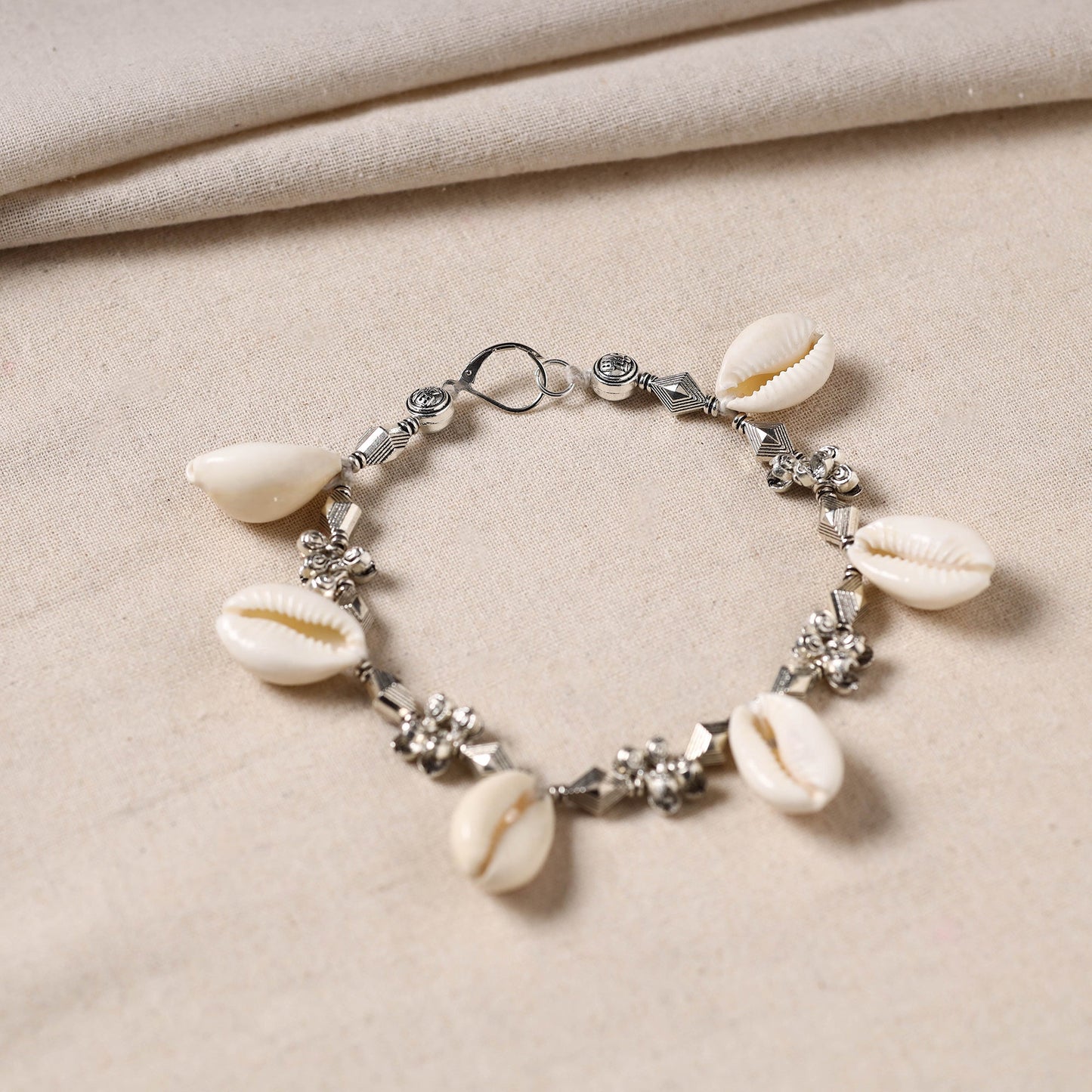 Handmade Oxidised Silver Beaded Anklet with Shellwork