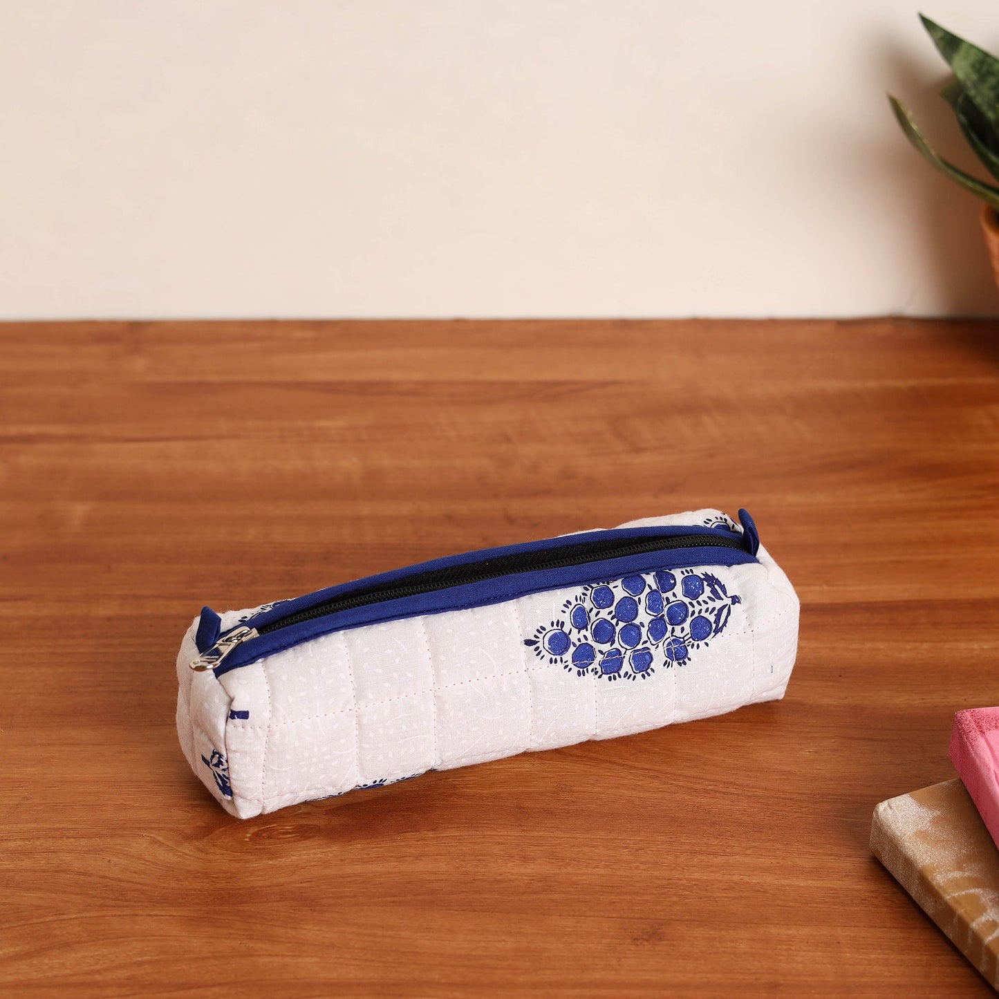 White Handmade Quilted Cotton Pencil Pouch