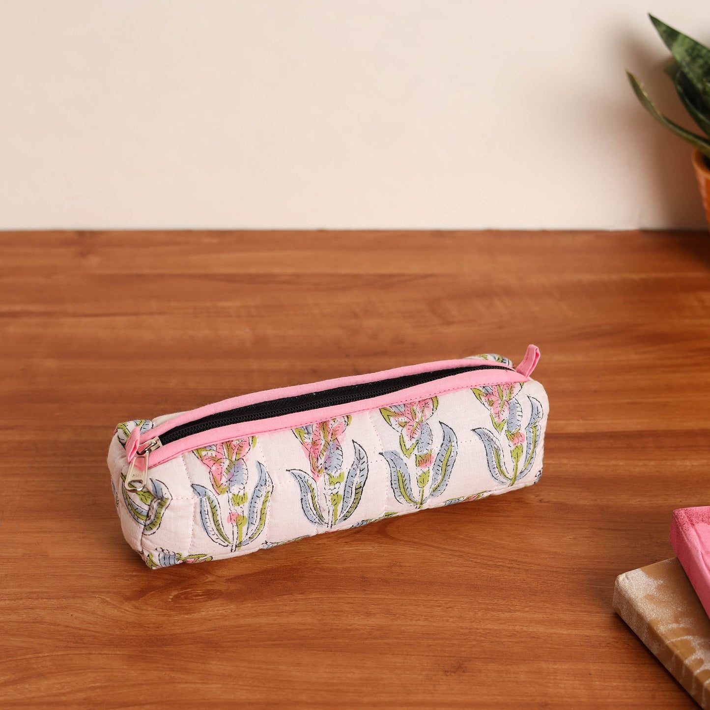 White Handmade Quilted Cotton Pencil Pouch