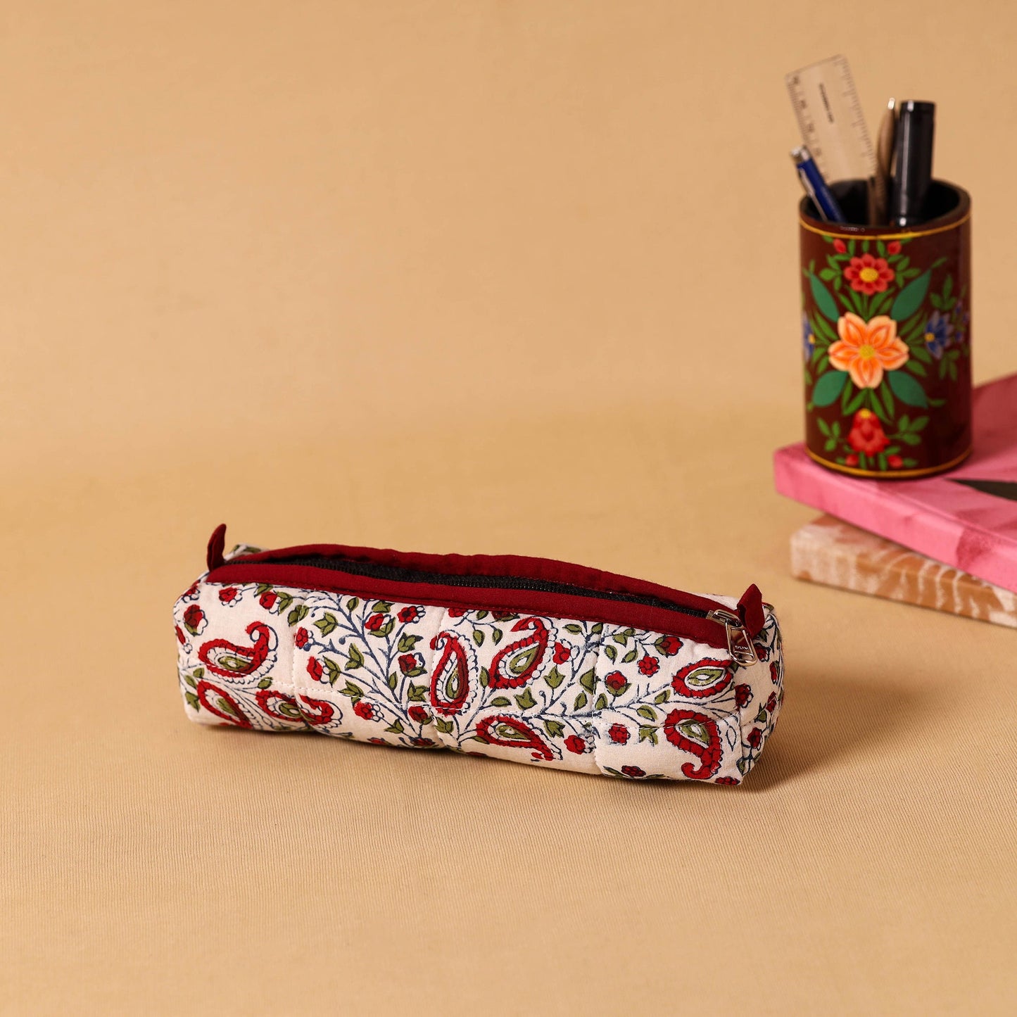 White Handmade Quilted Cotton Pencil Pouch