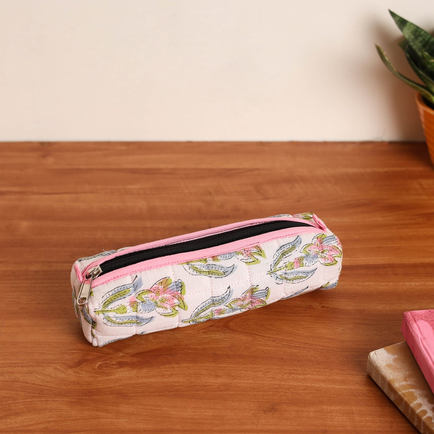 White Handmade Quilted Cotton Pencil Pouch