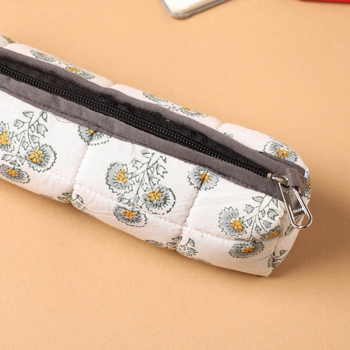 White Handmade Quilted Cotton Pencil Pouch