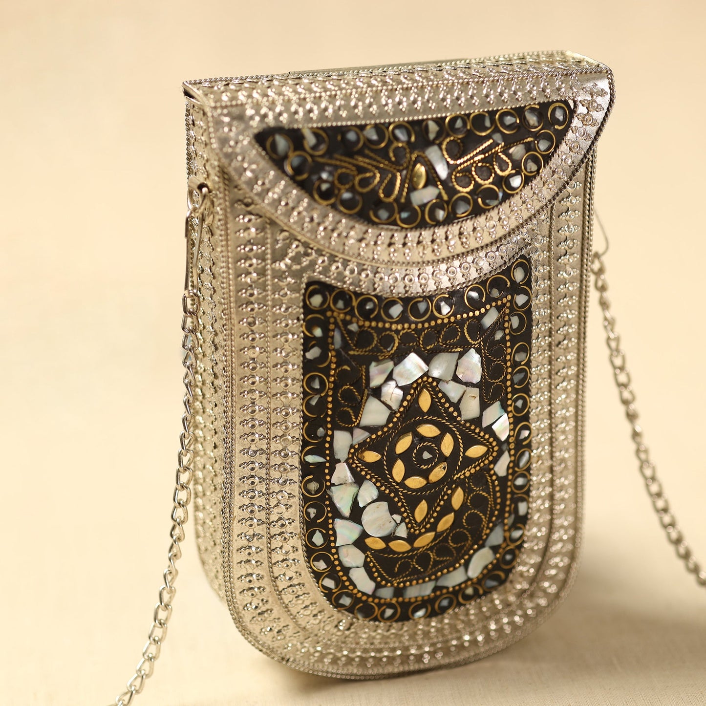 White Handmade Vintage Metal & Mosaic Stone Clutch / Sling Bag