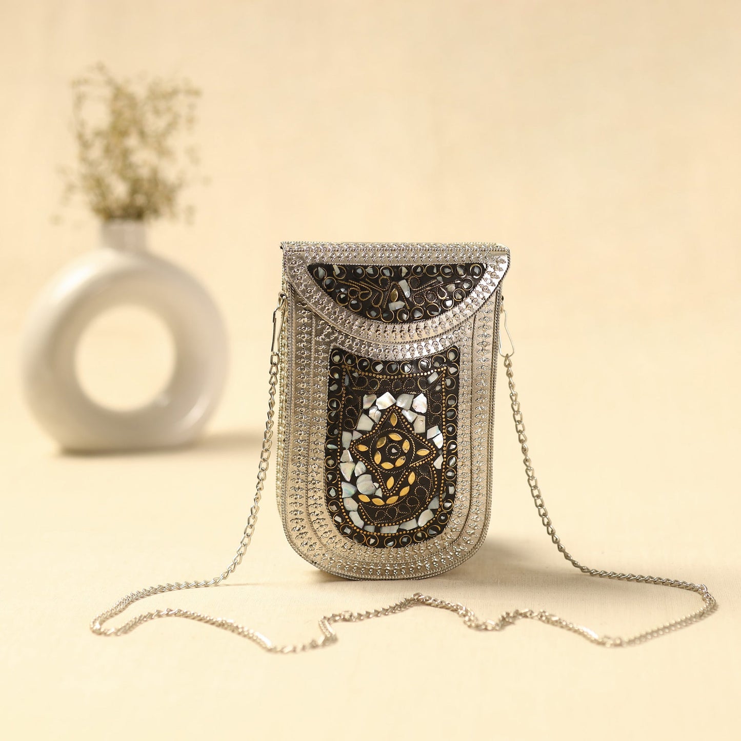 White Handmade Vintage Metal & Mosaic Stone Clutch / Sling Bag