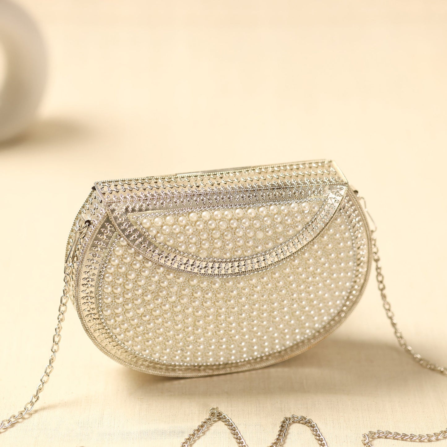 White Handmade Vintage Metal & Mosaic Stone Clutch / Sling Bag