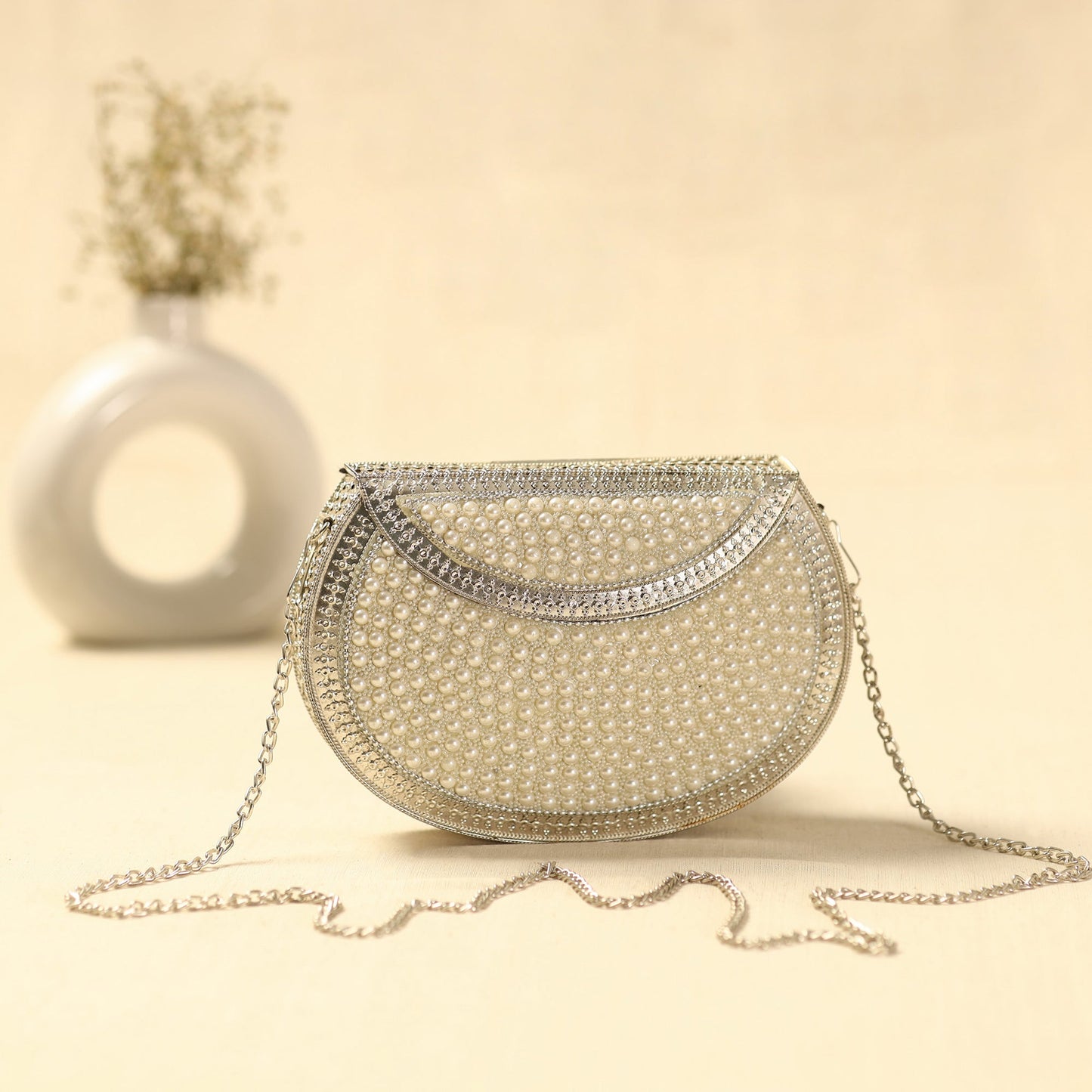 White Handmade Vintage Metal & Mosaic Stone Clutch / Sling Bag