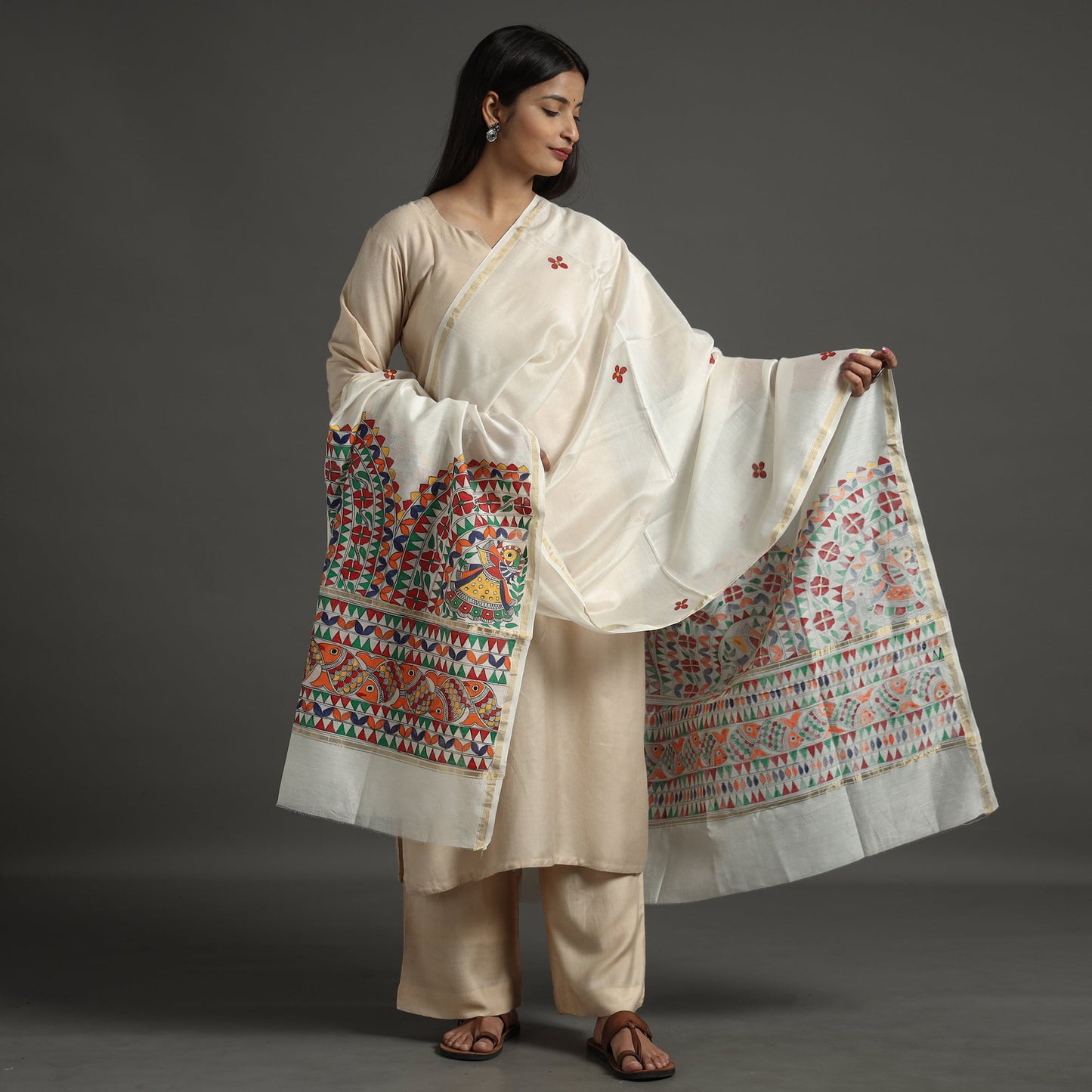 White - handpainted chanderi silk handloom madhubani