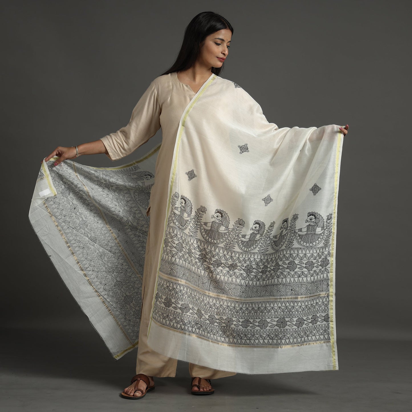 Handpainted Chanderi Silk Handloom Madhubani Dupatta
