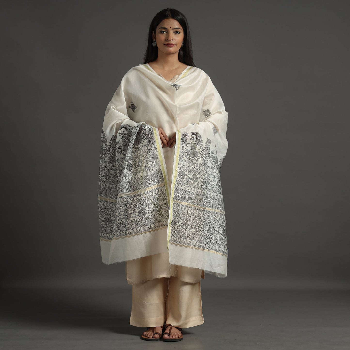 Handpainted Chanderi Silk Handloom Madhubani Dupatta