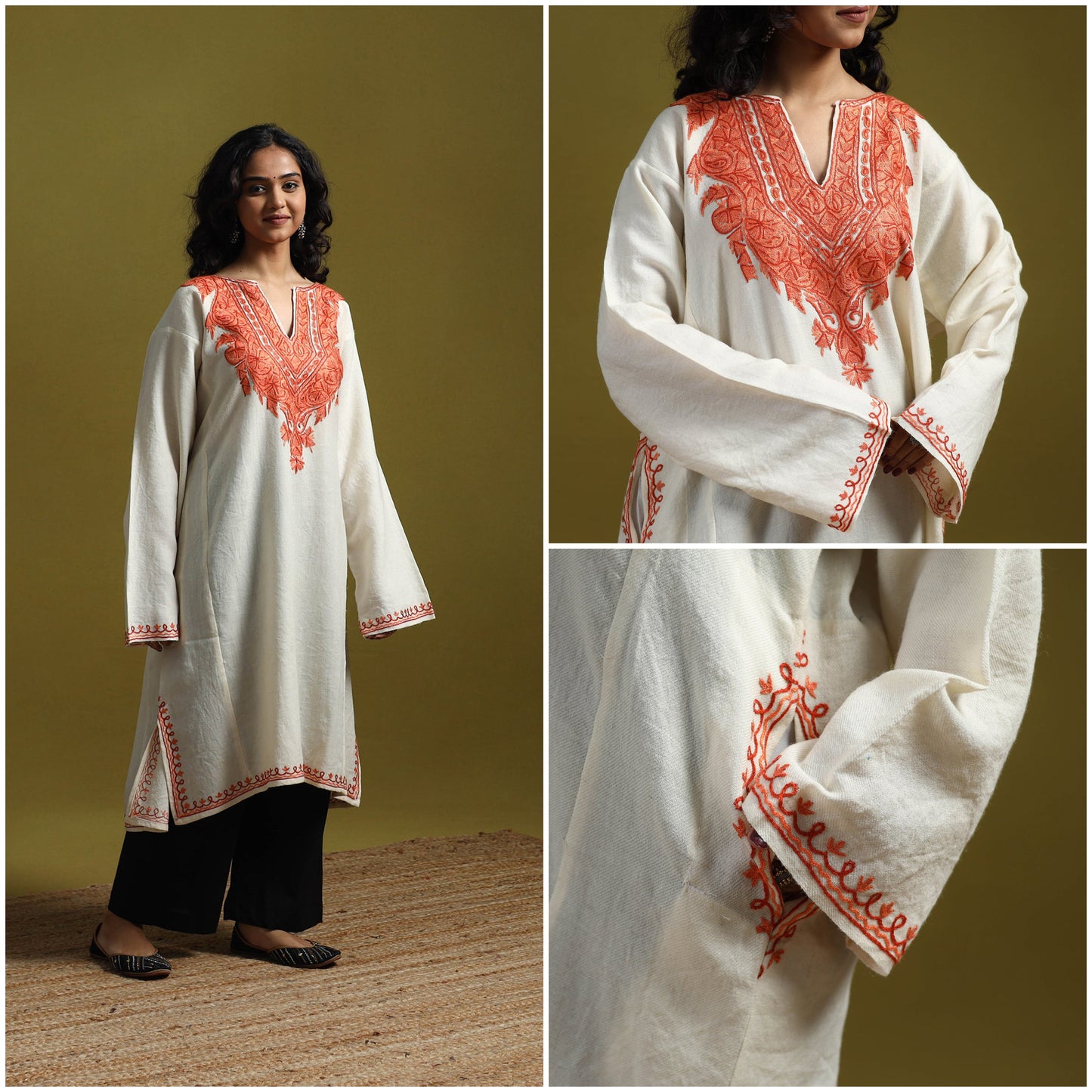 Handwoven aari hand embroidered kashmiri merino wool pheran