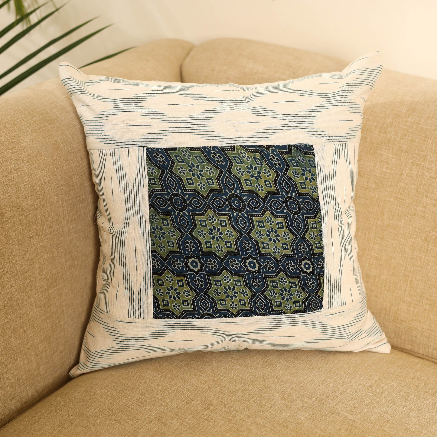 White Ikat Cotton with Ajrakh Modal Silk Cushion Cover
