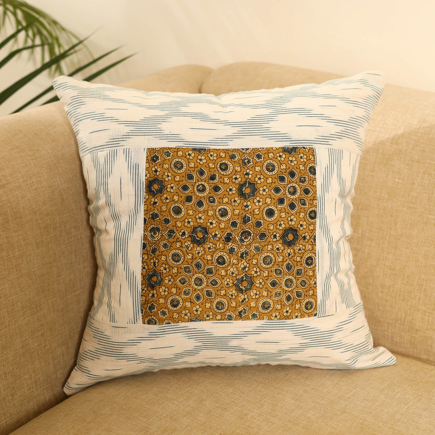 Buy White Ikat Cotton with Ajrakh Modal Silk Cushion Cover