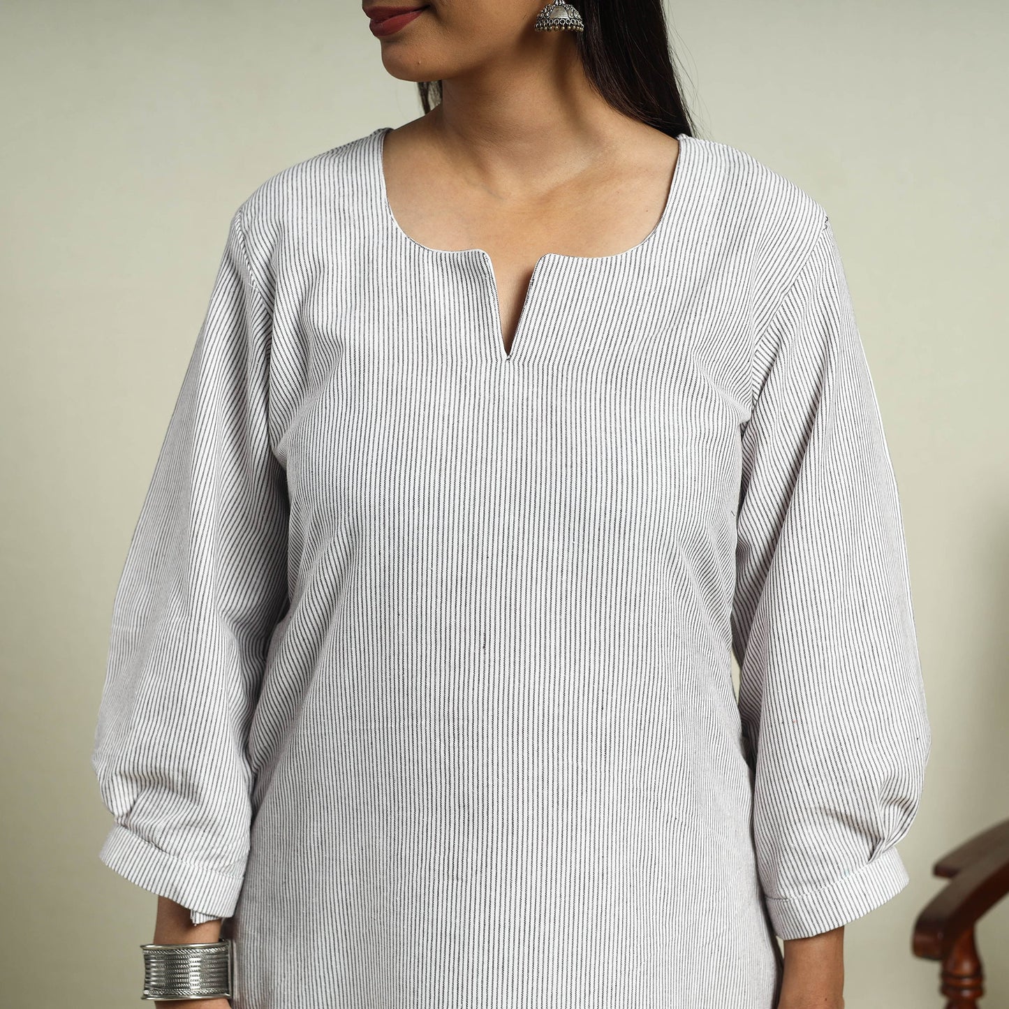 White Jhiri Handloom Straight Cotton Kurta for Women