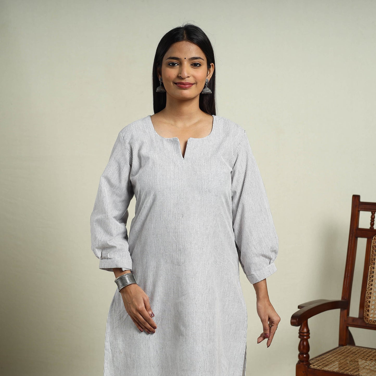 White Jhiri Handloom Straight Cotton Kurta for Women