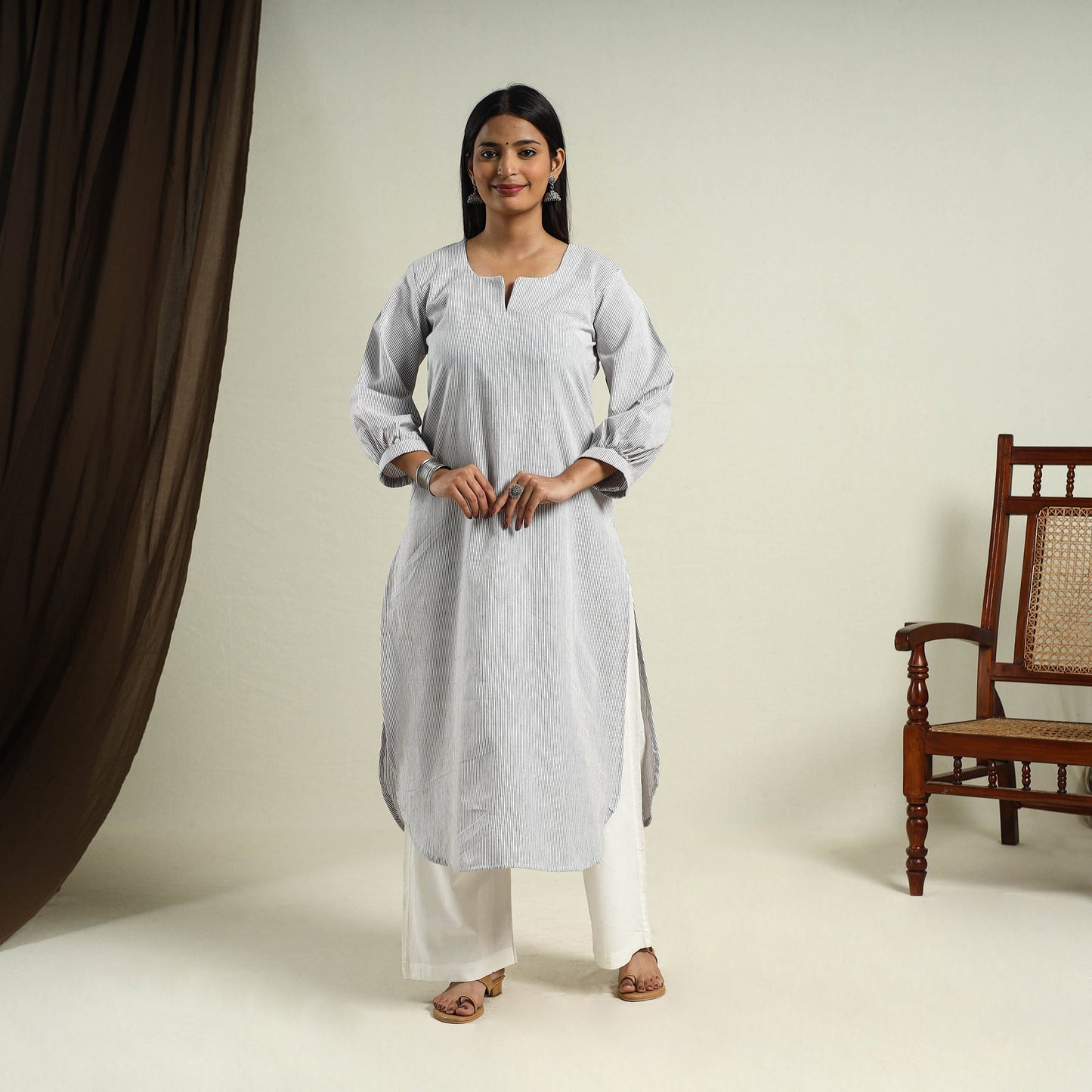 White Jhiri Handloom Straight Cotton Kurta for Women