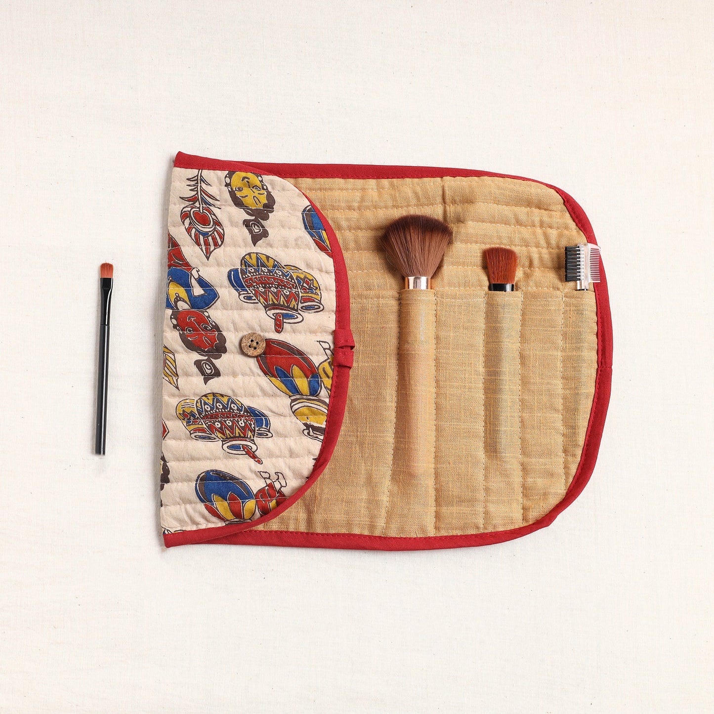 Kalamkari Fabric Multipurpose Segmented Make-up Brush Wrap Pouch/Case