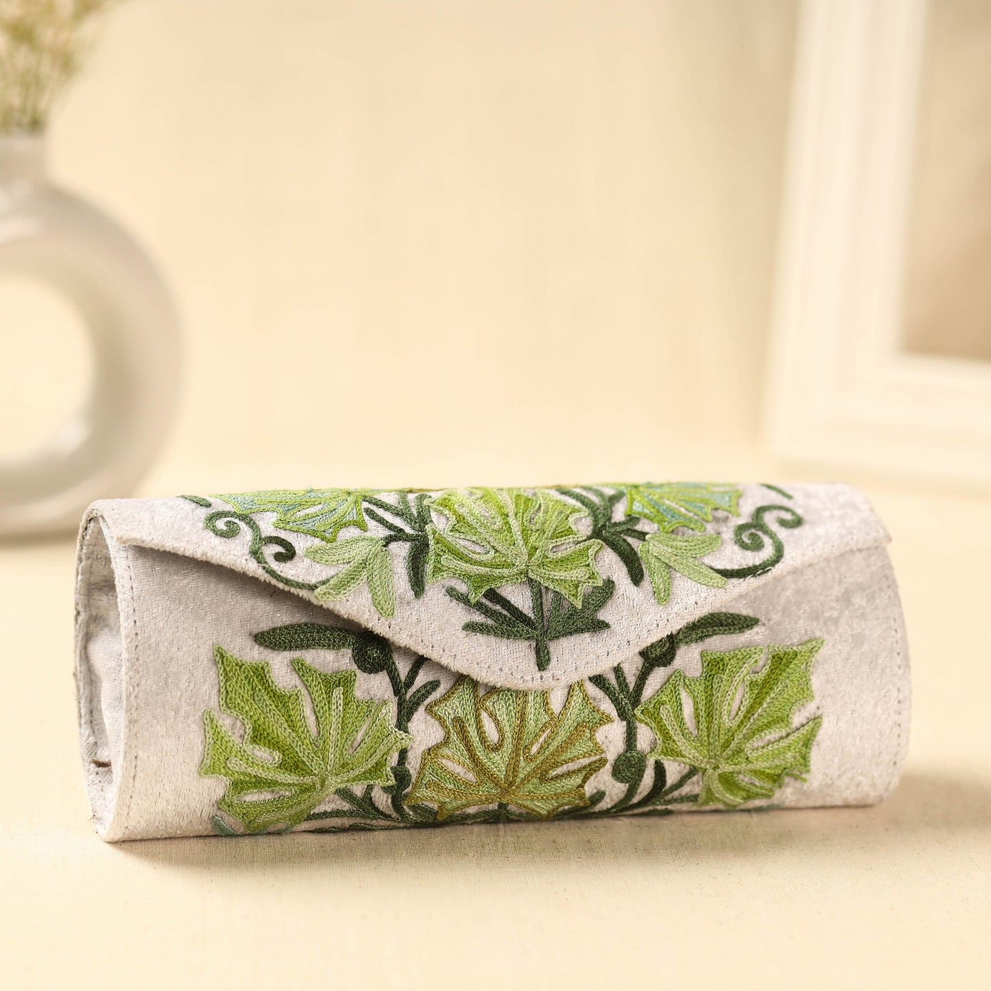 White Kashmiri Crewel Hand Embroidery Velvet Clutch