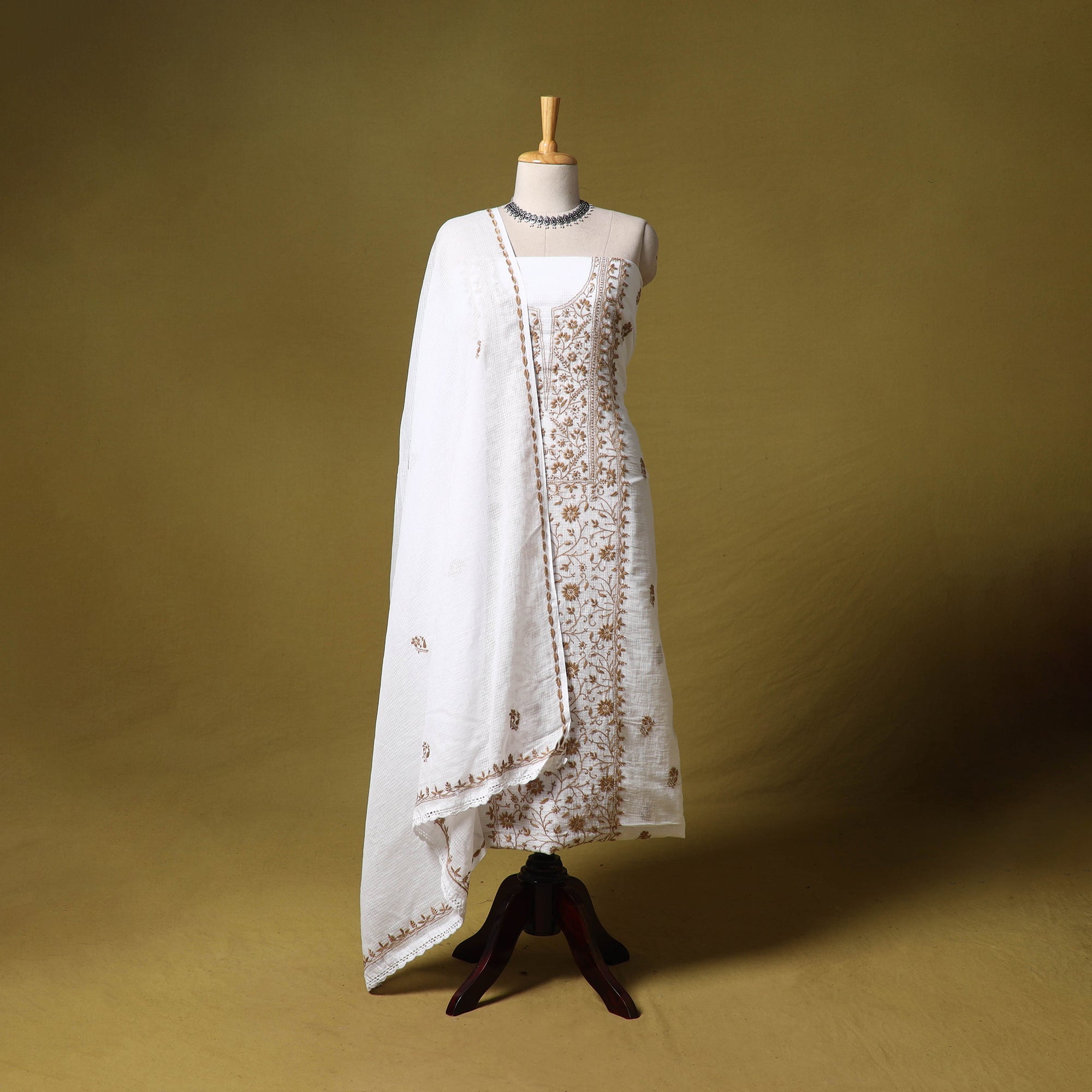 White Kota Doria Cotton Lucknow Chikankari 2pc Unstitched Dress Material Suit Set
