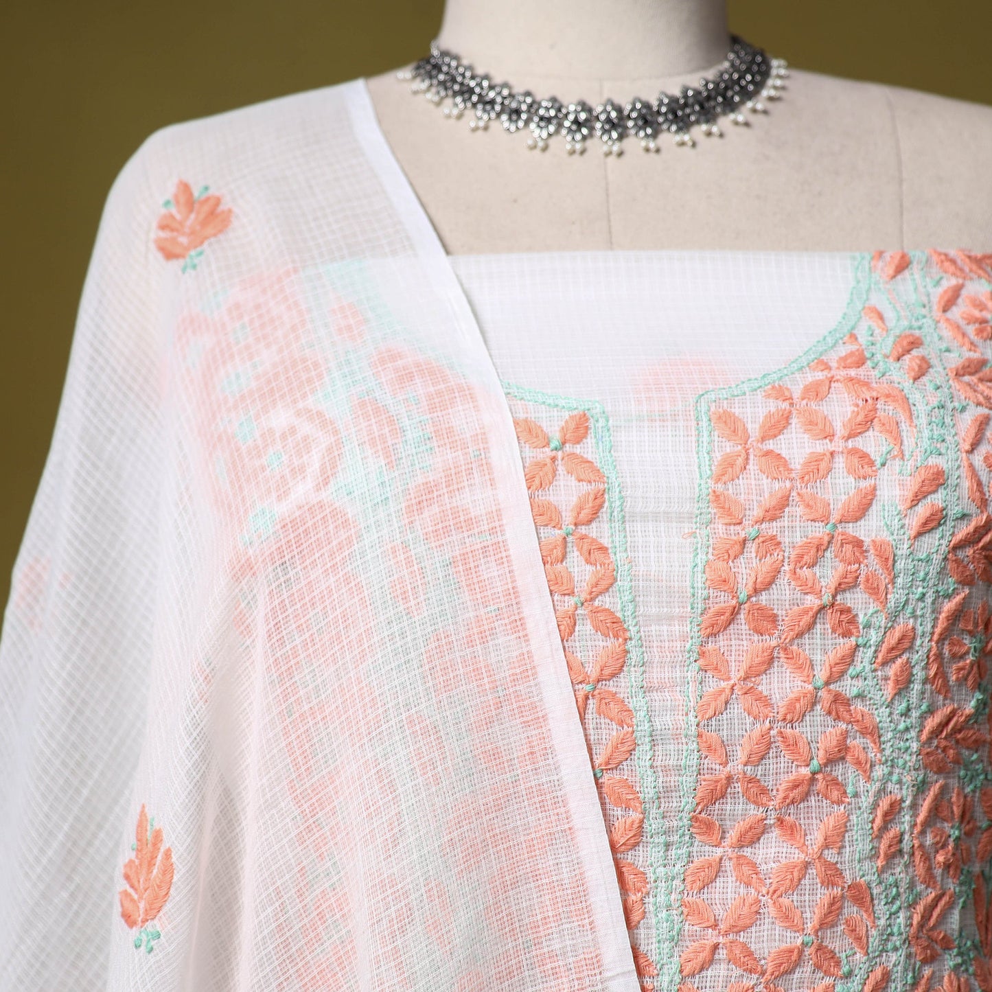 White - kota doria cotton lucknow chikankari 2pc unstitched