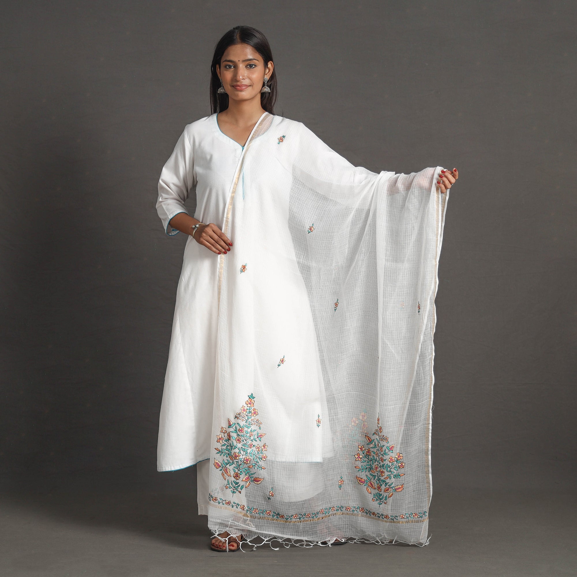 Blue - Kota Doria Silk Cotton Kashida Embroidery Dupatta 55