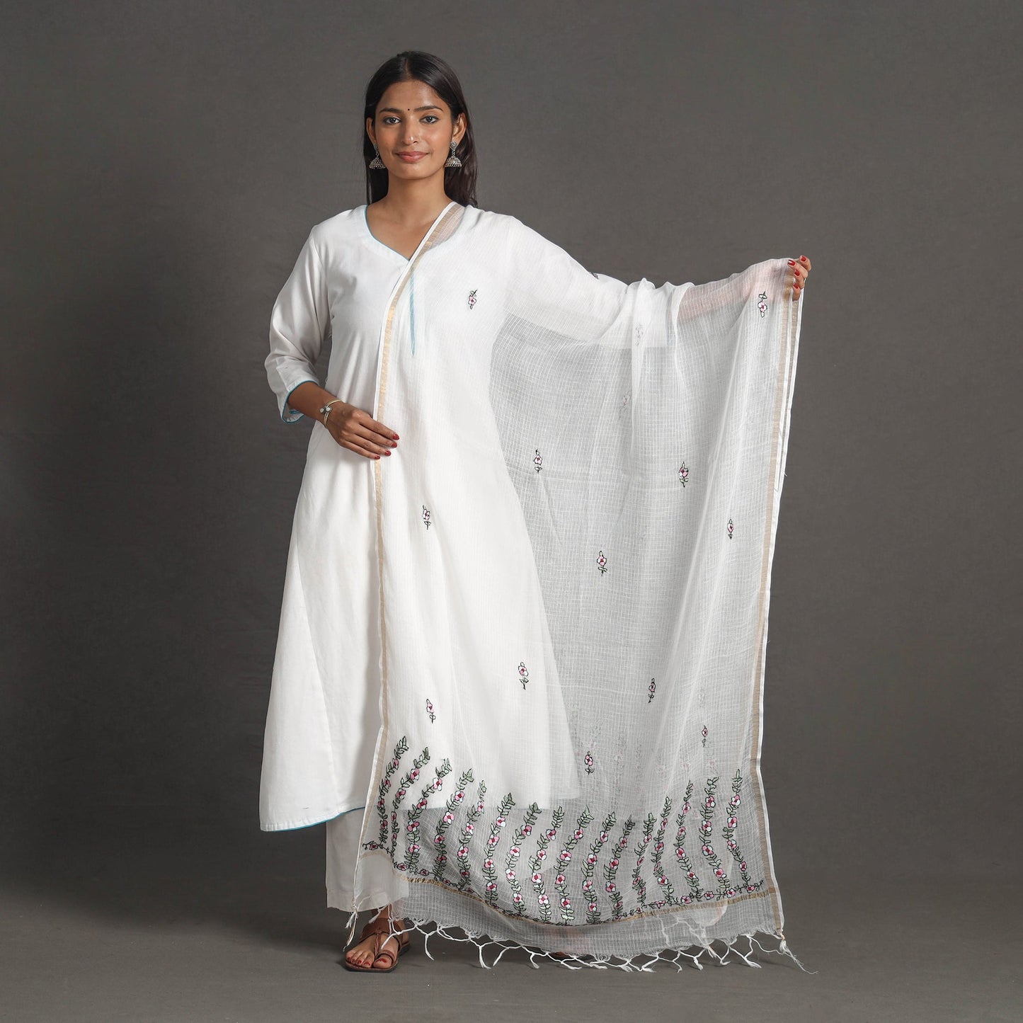 White - kota doria silk cotton kashida embroidery dupatta