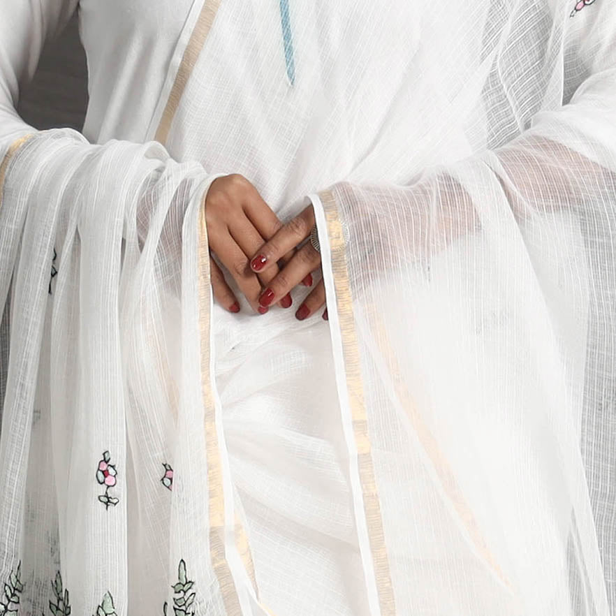 White - kota doria silk cotton kashida embroidery dupatta