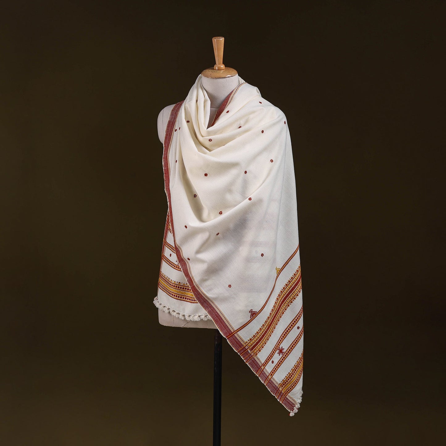 White - kutch handwoven mirror work acrylic wool shawl 159