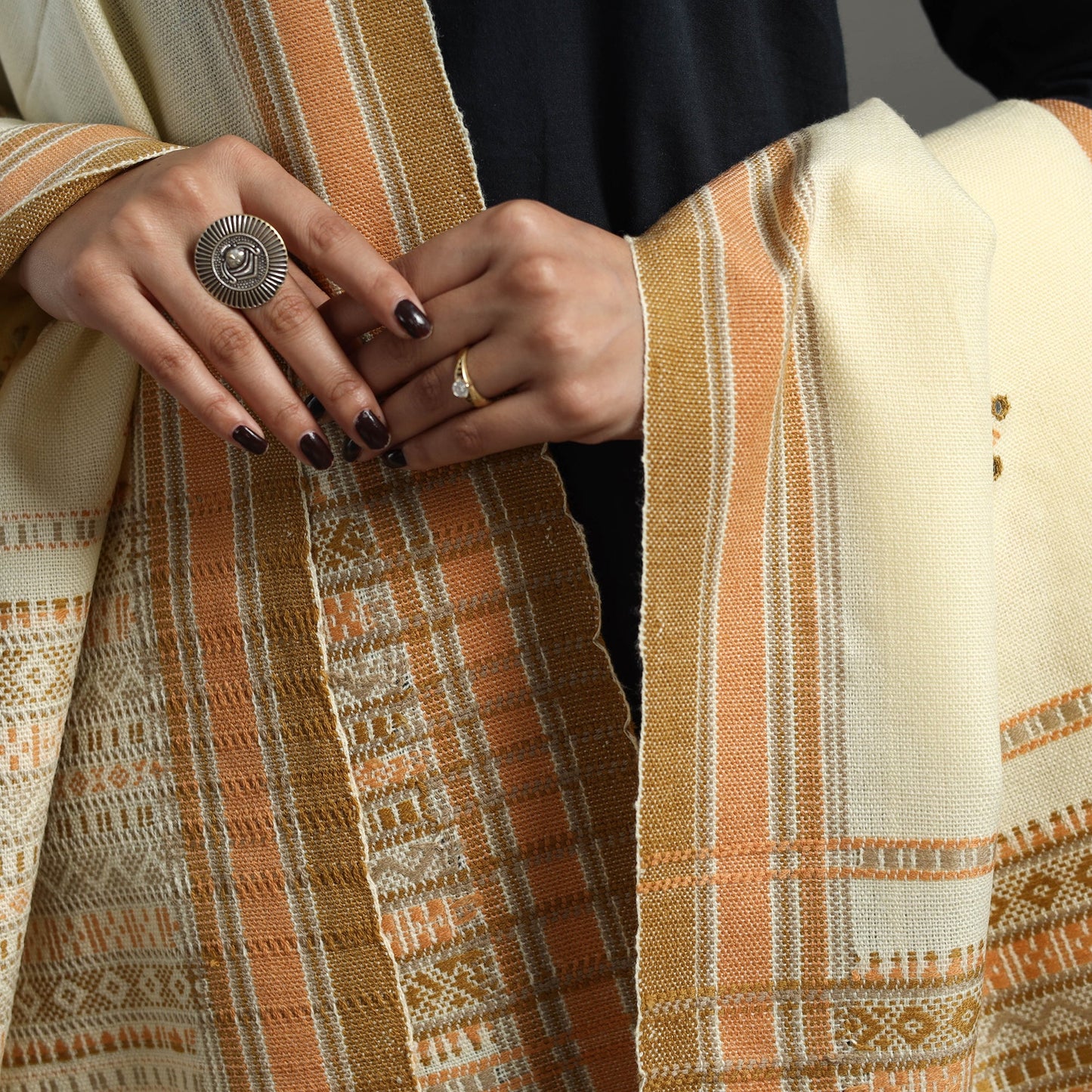 White Kutch Handwoven Mirror Work Woollen Shawl