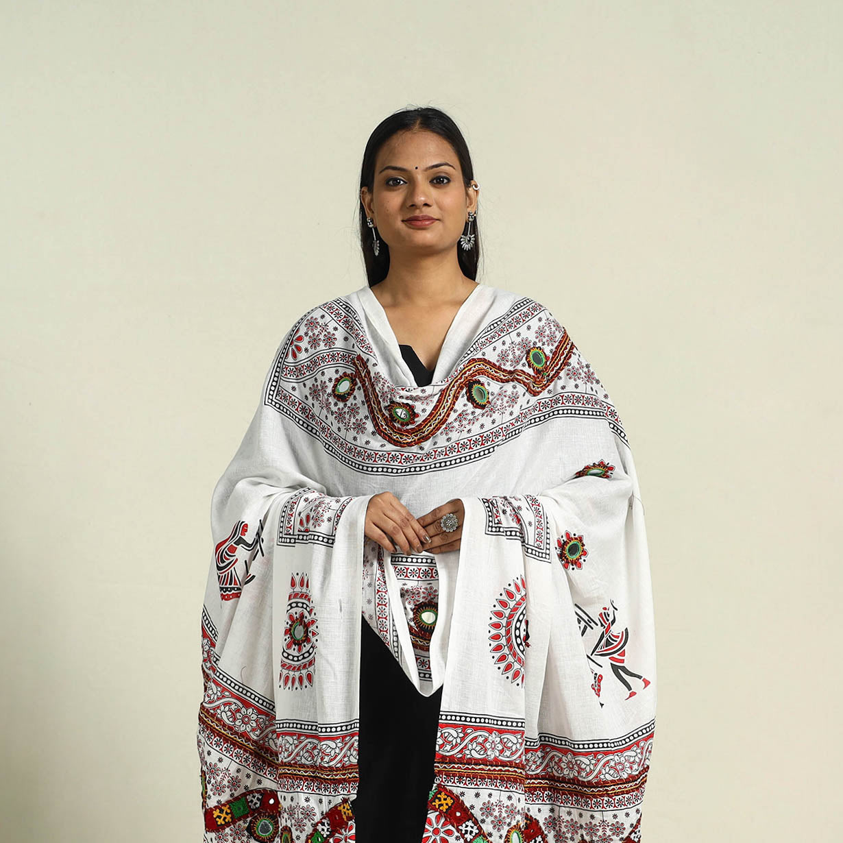 White Mirror Work Printed Cotton Kutch Embroidery Dupatta