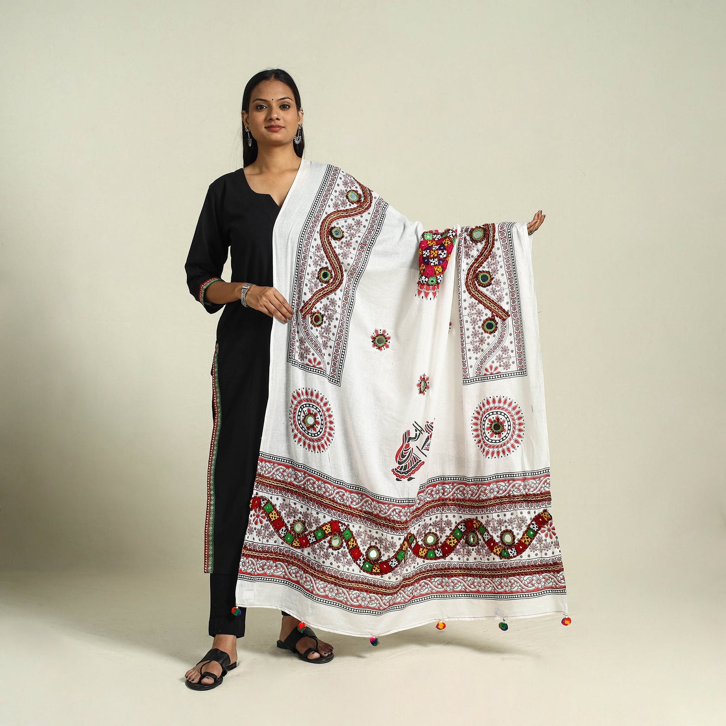 White Mirror Work Printed Cotton Kutch Embroidery Dupatta