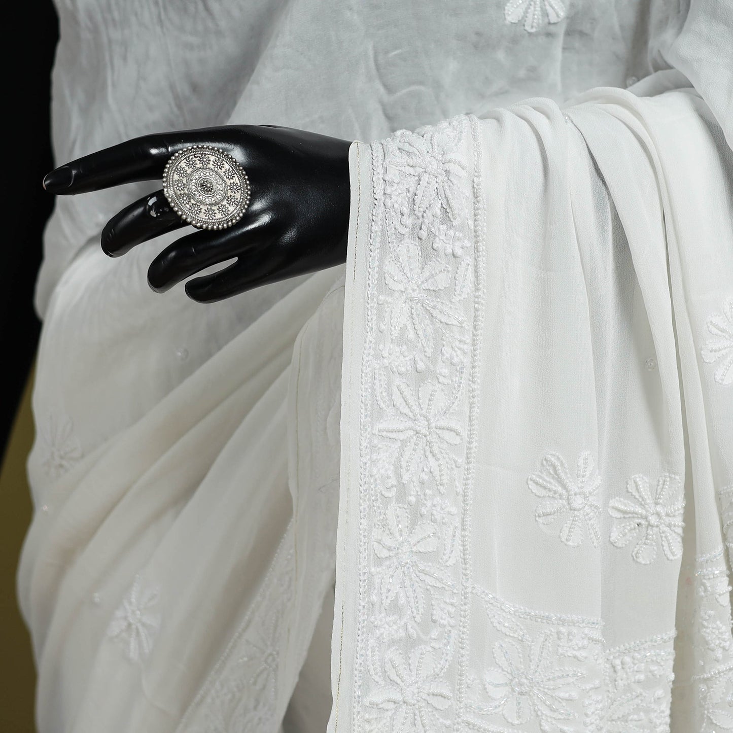 White - mukaish hand embroidered georgette heavy beadwork