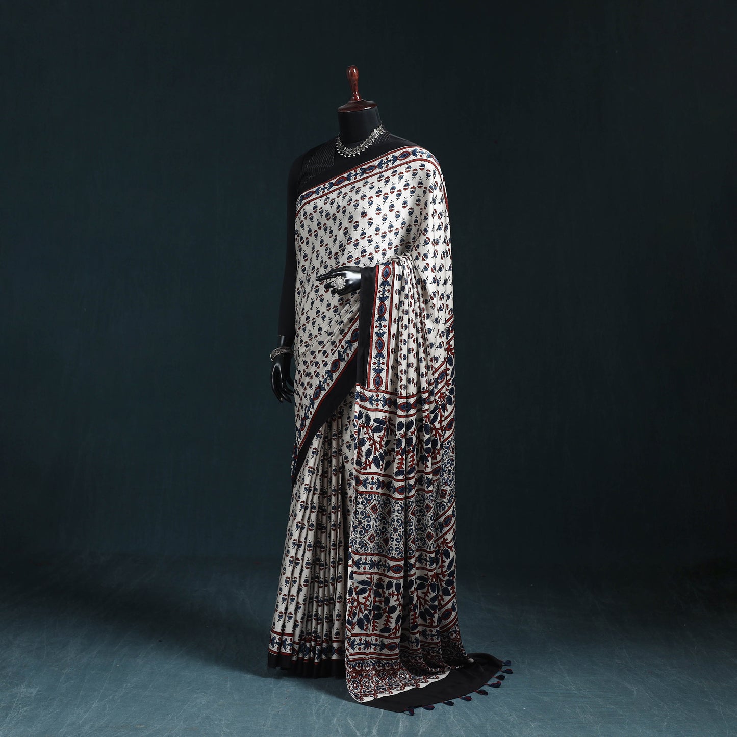 Natural dyed modal silk kutch hand block print ajrakh saree