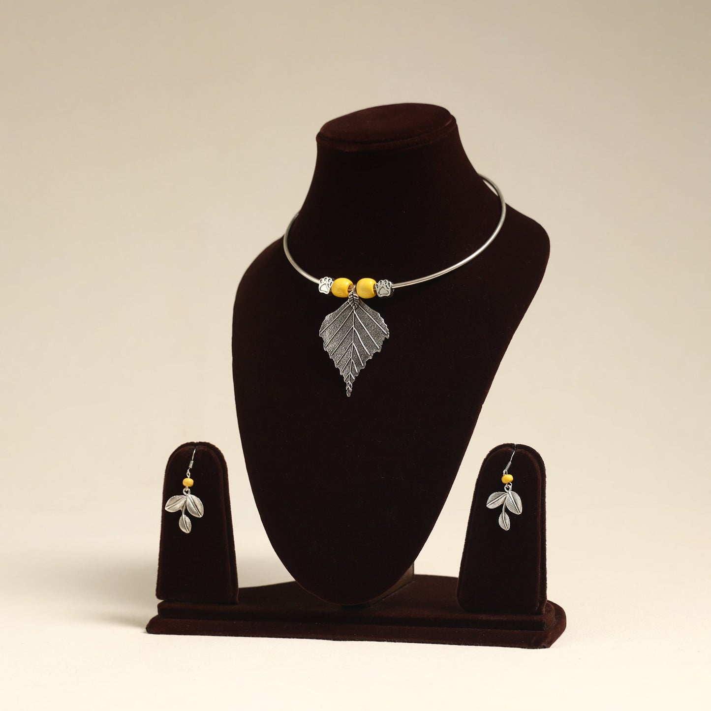 Navratri Special! White German Silver Wooden Beads Hasli Necklace Set