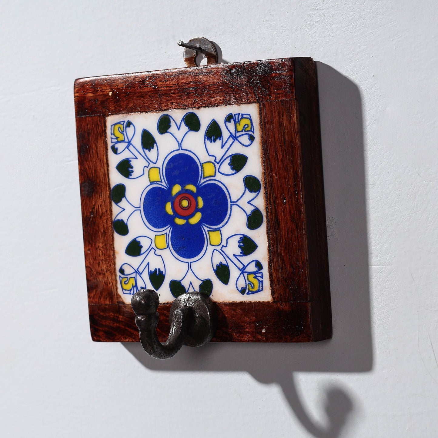 Original Blue Pottery Ceramic Tile Wall Hook Hanger (1 Peg)