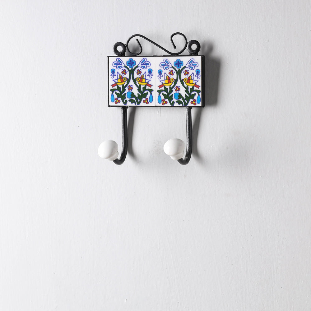 Original Blue Pottery Ceramic Tile Wall Hook Hanger (2 Peg)