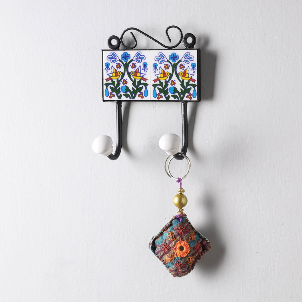 Original Blue Pottery Ceramic Tile Wall Hook Hanger (2 Peg)