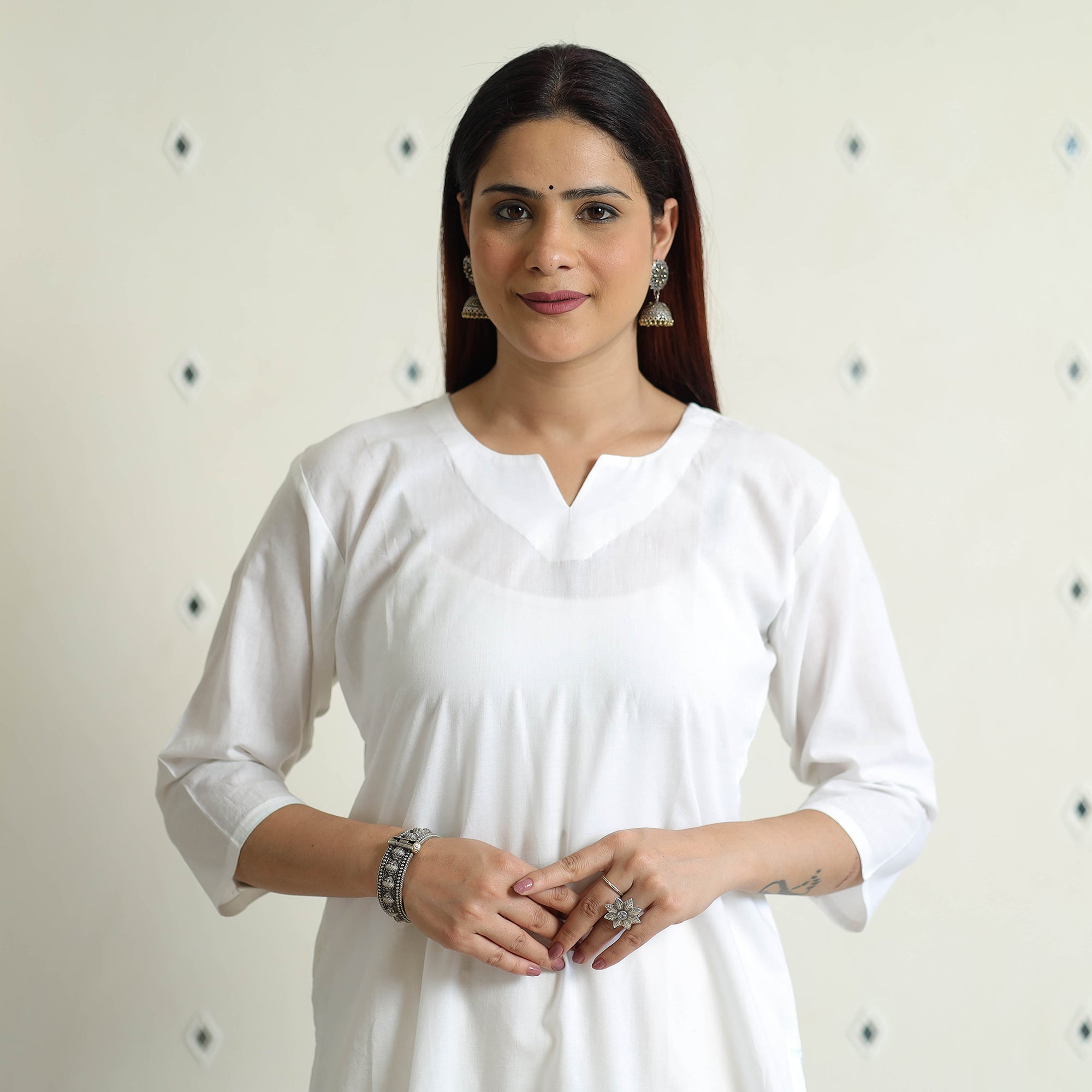 White - Plain Cotton Full Sleeve Straight Long Kurta 13