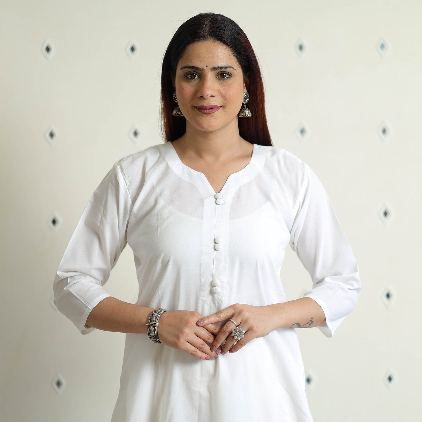 White Plain Cotton Long Straight Kurta for Women