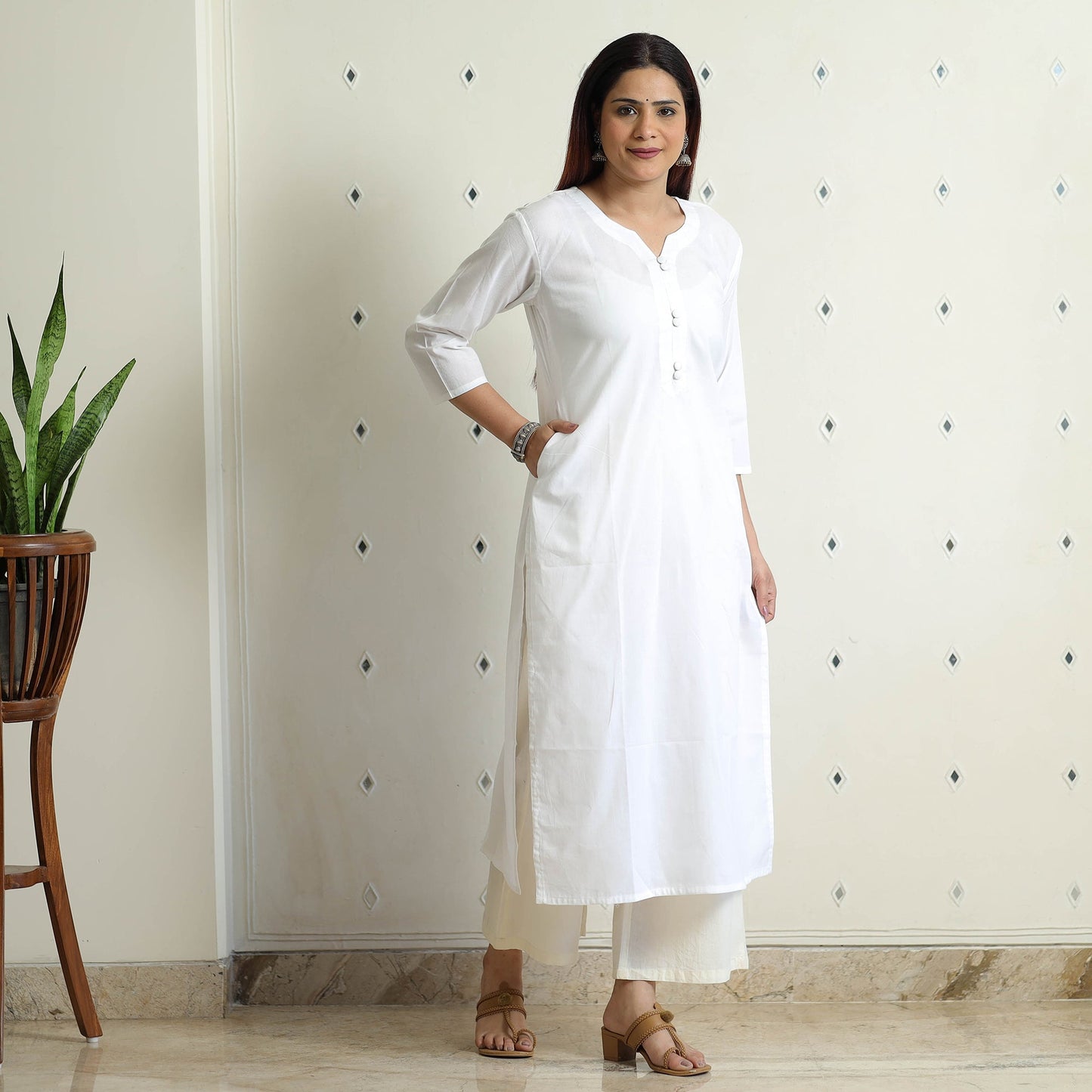 White Plain Cotton Long Straight Kurta for Women
