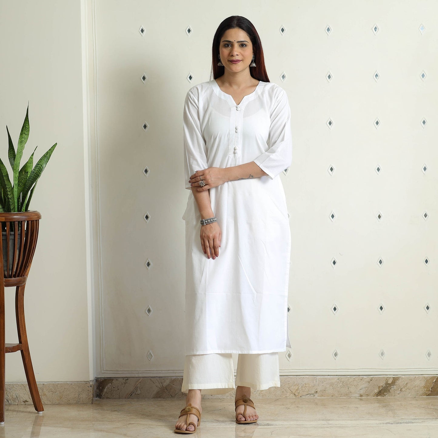 White Plain Cotton Long Straight Kurta for Women