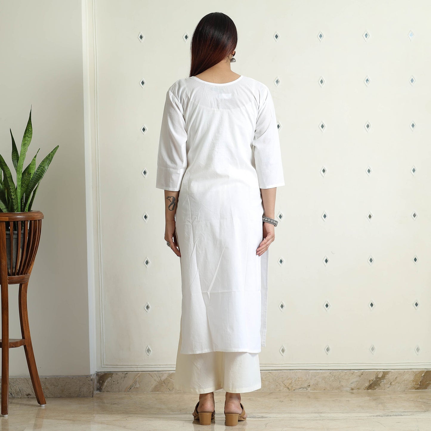 White Plain Cotton Long Straight Kurta for Women