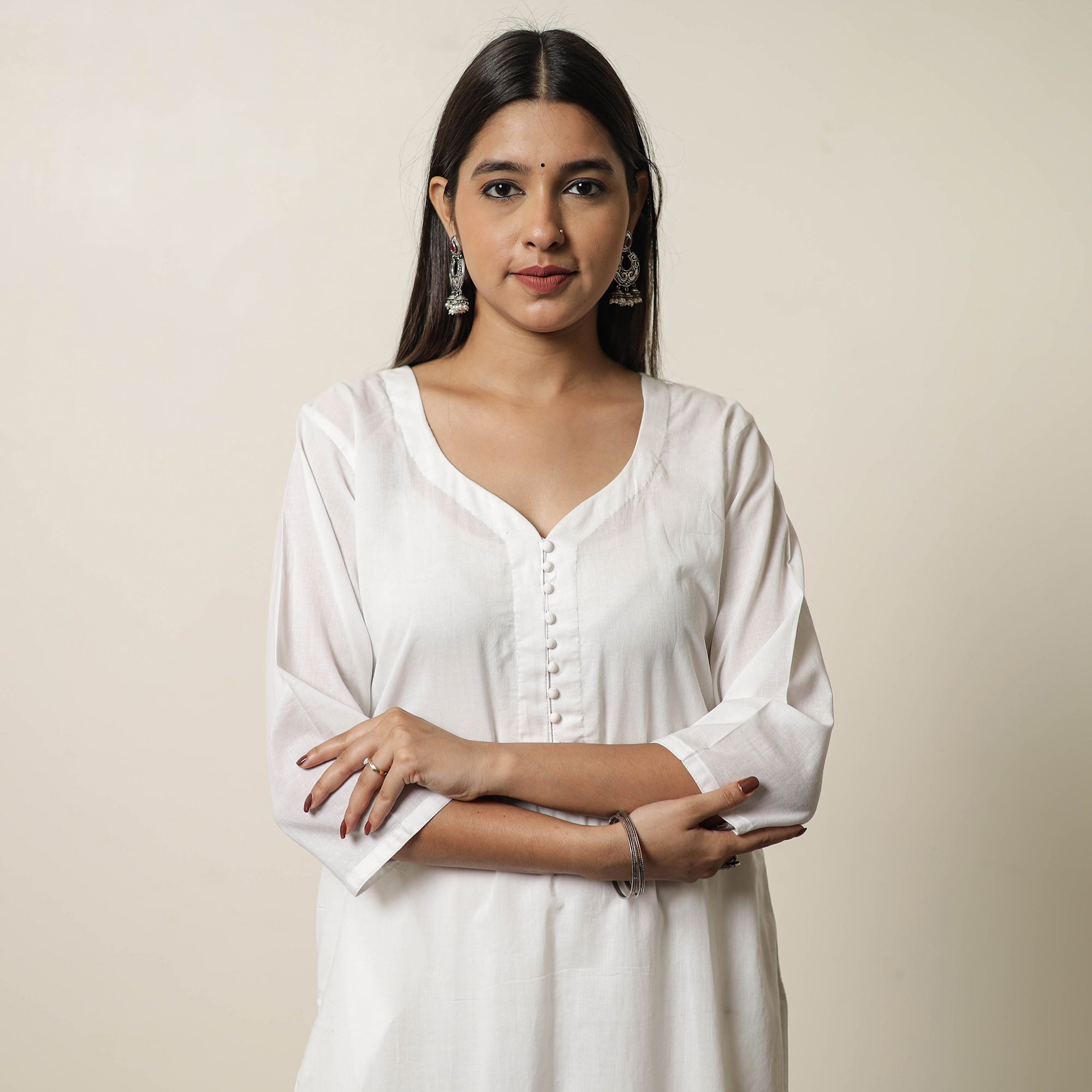 White - Plain Cotton Straight Long Kurta 06