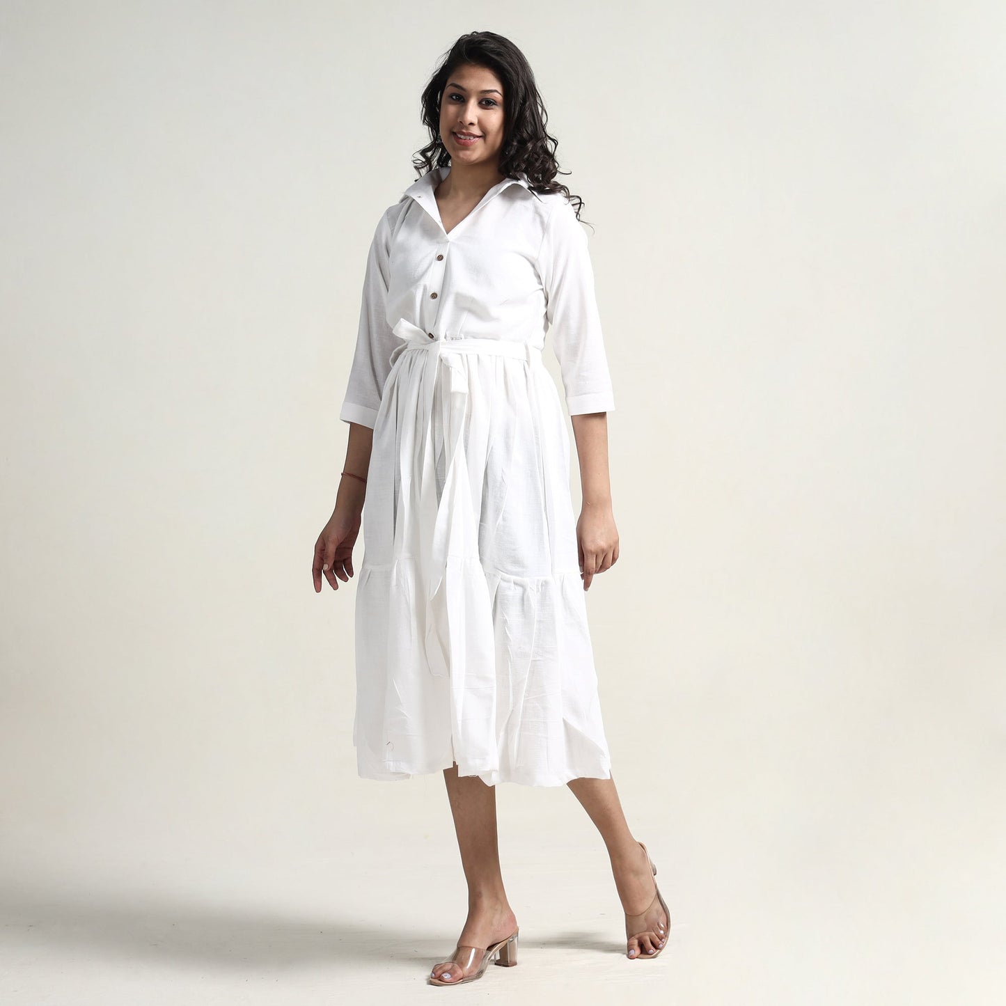 Buy Plain Handloom Cotton Collared Neck Flare Dress Online l iTokri.com